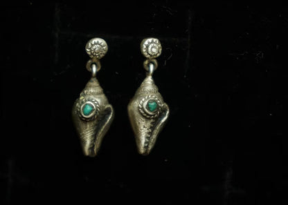 Tibetan Handcrafted Conch Shell & Turquoise Earrings