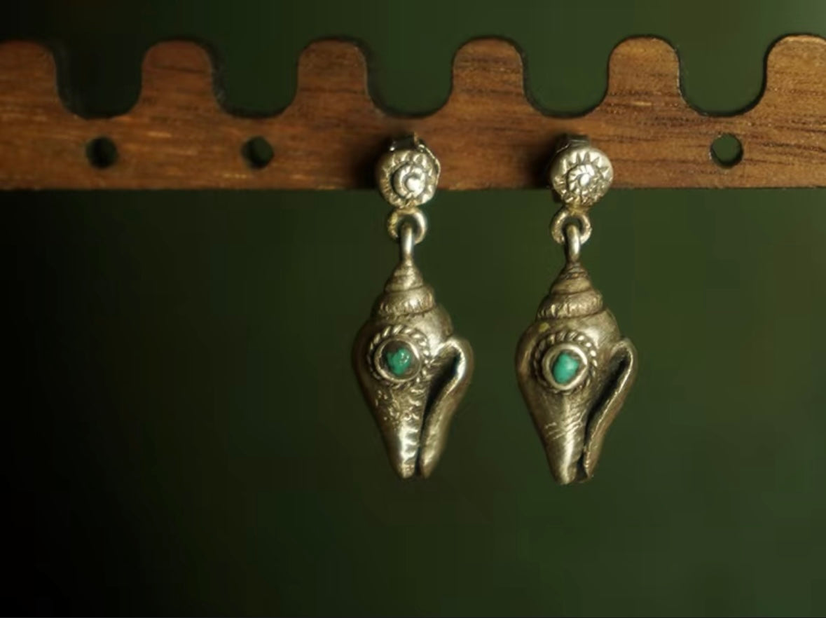 Tibetan Handcrafted Conch Shell & Turquoise Earrings