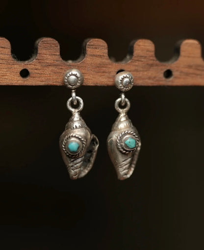 Tibetan Handcrafted Conch Shell & Turquoise Earrings