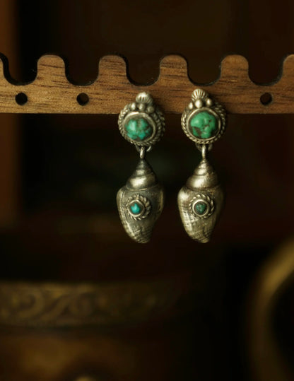 Tibetan Handcrafted Conch Shell & Turquoise Earrings