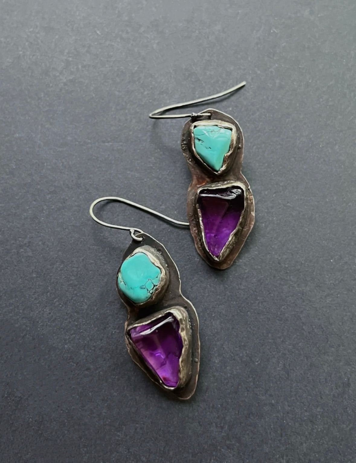 Tibetan Turquoise & Amethyst Harmony 925 Sterling Silver Earrings