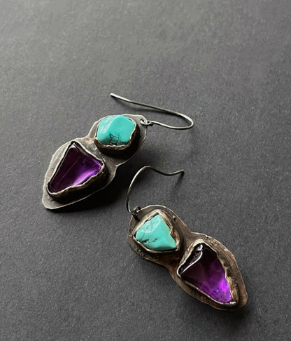 Tibetan Turquoise & Amethyst Harmony 925 Sterling Silver Earrings