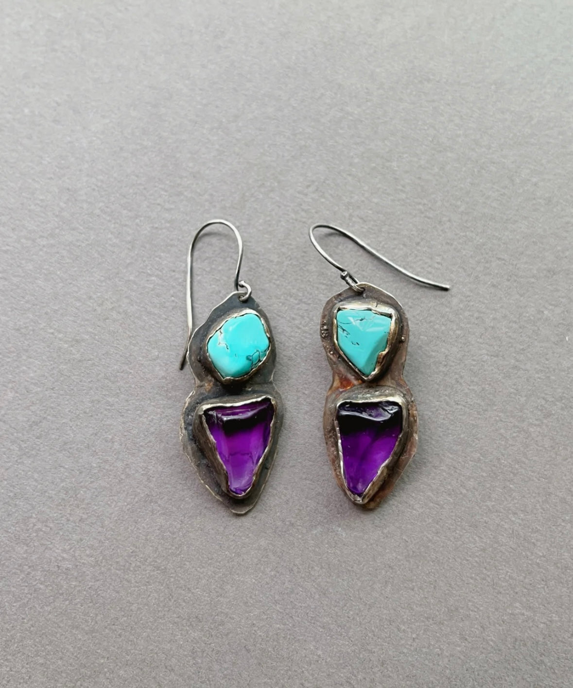 Tibetan Turquoise & Amethyst Harmony 925 Sterling Silver Earrings