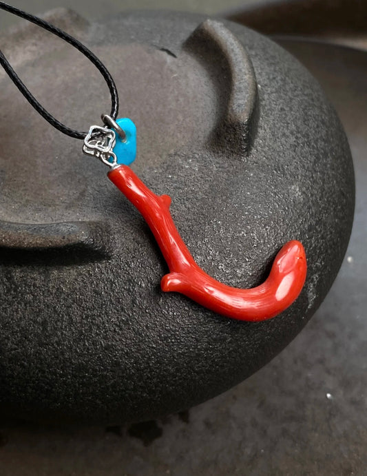 Natural Red Coral & Turquoise Pendant Necklace