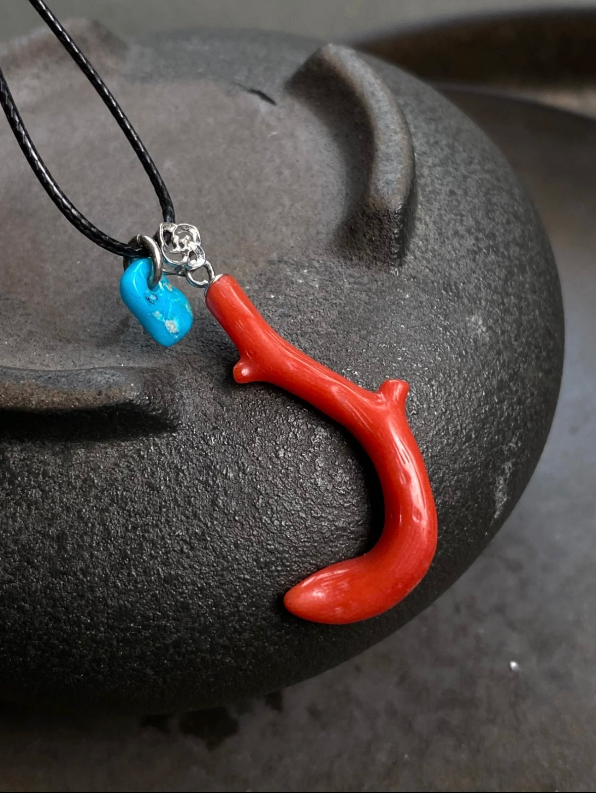 Natural Red Coral & Turquoise Pendant Necklace