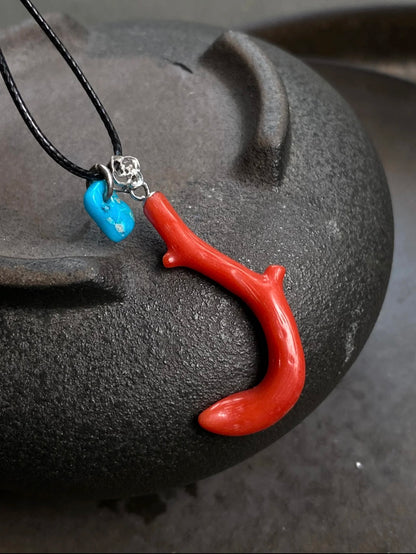 Natural Red Coral & Turquoise Pendant Necklace