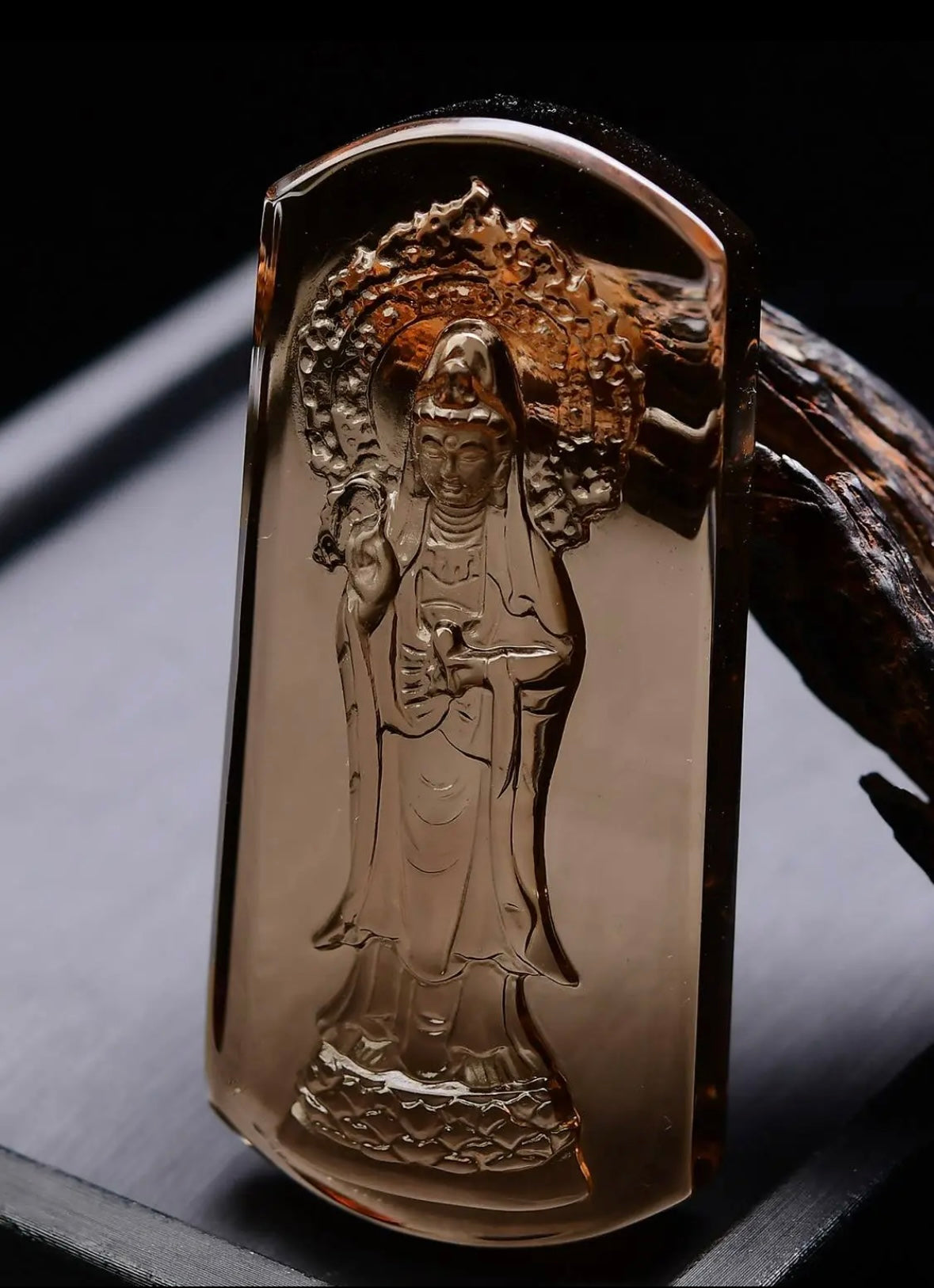 Fertility & Protection Smoky Quartz Standing Guanyin Plaque Necklace