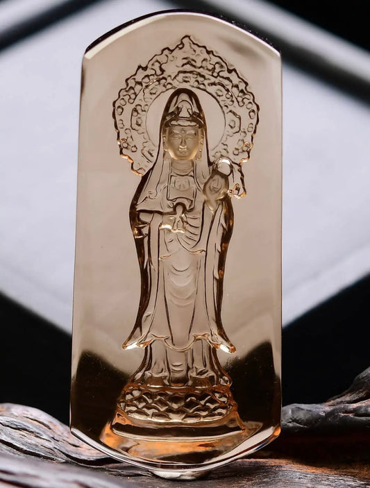 Fertility & Protection Smoky Quartz Standing Guanyin Plaque Necklace