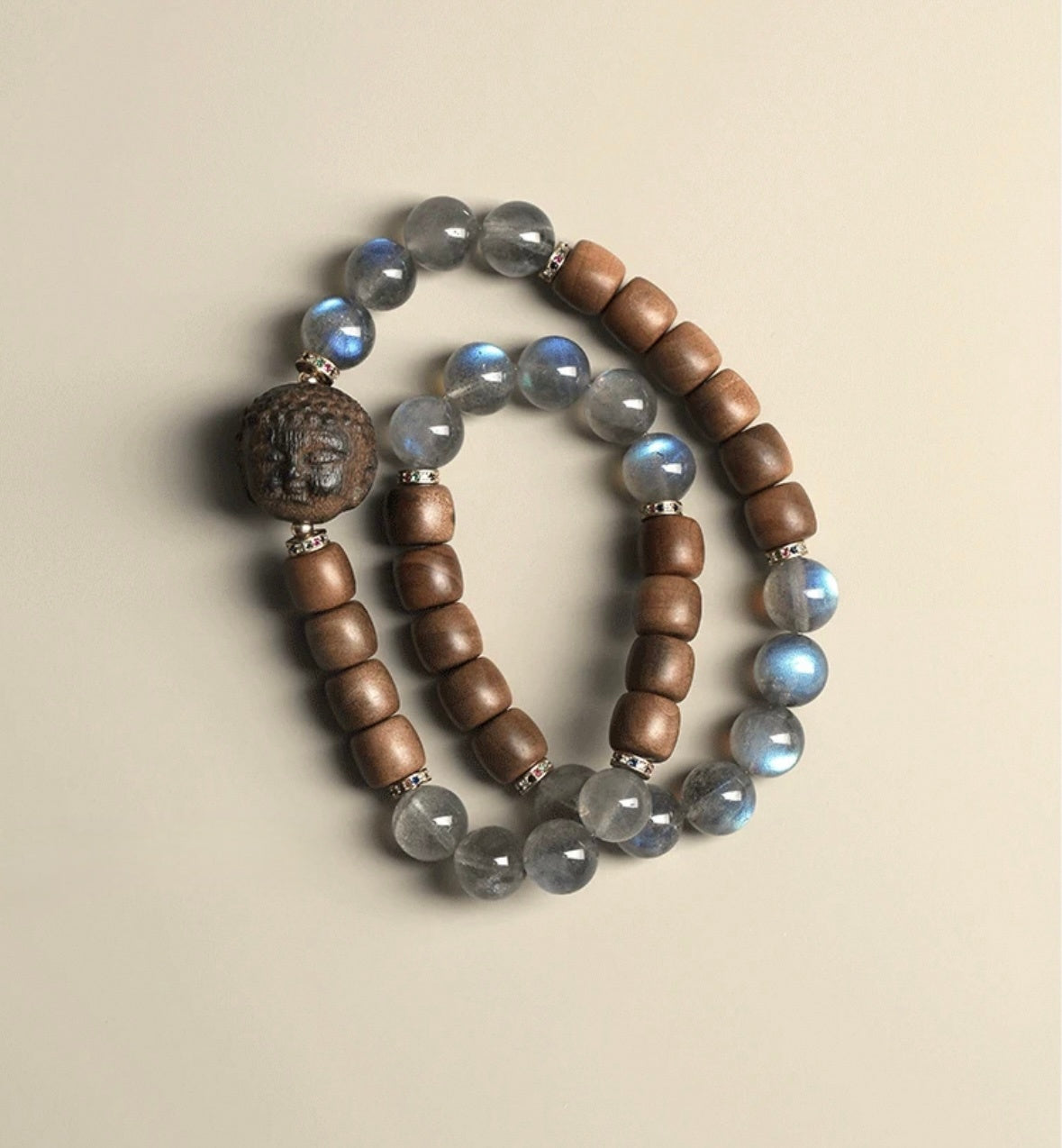 You Are Loved Moonstone(9mm) & Sandalwood With Agarwood Buddha Head Bracelet