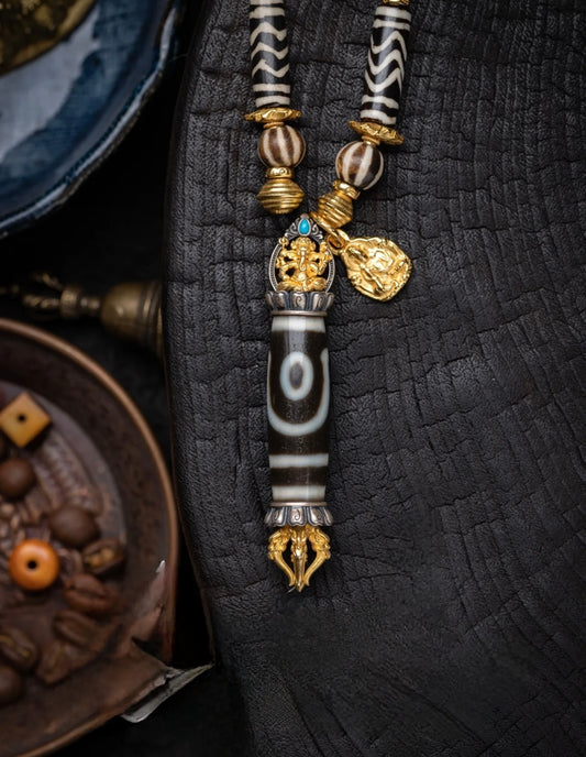 Tibetan Two-Eye Dzi Bead Adjustable Braided Necklace