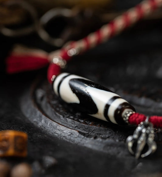 Tibetan Tiger Tooth Dzi Bead & Vajra Adjustable Cord Necklace