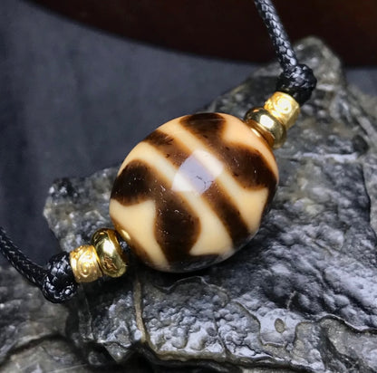 Lucky & Blessing Double Tiger Dzi Bead Leather Cord Necklace
