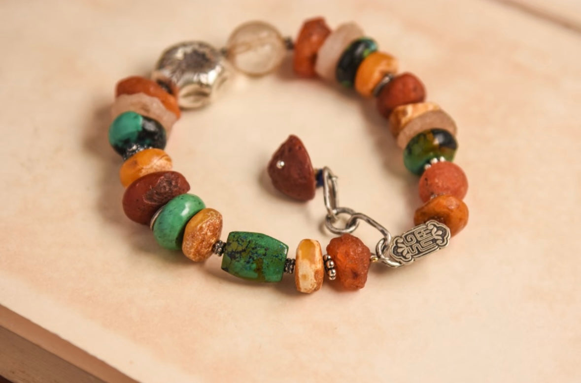 Tibetan handmade multi-treasure 925 Sterling silver bracelet