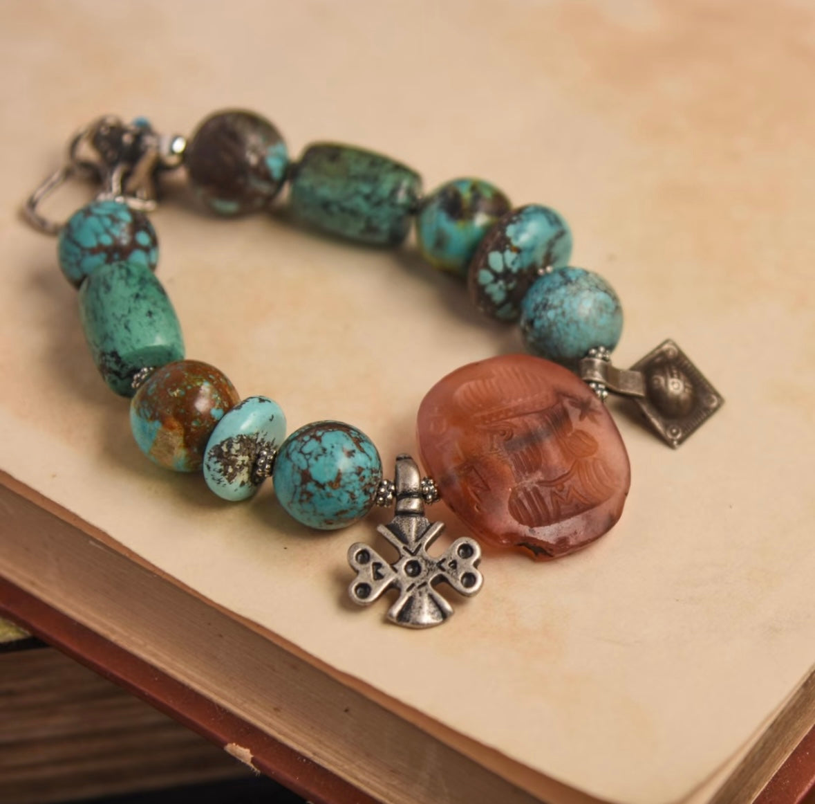 Handmade turquoise paired with Sassanid seal bracelet