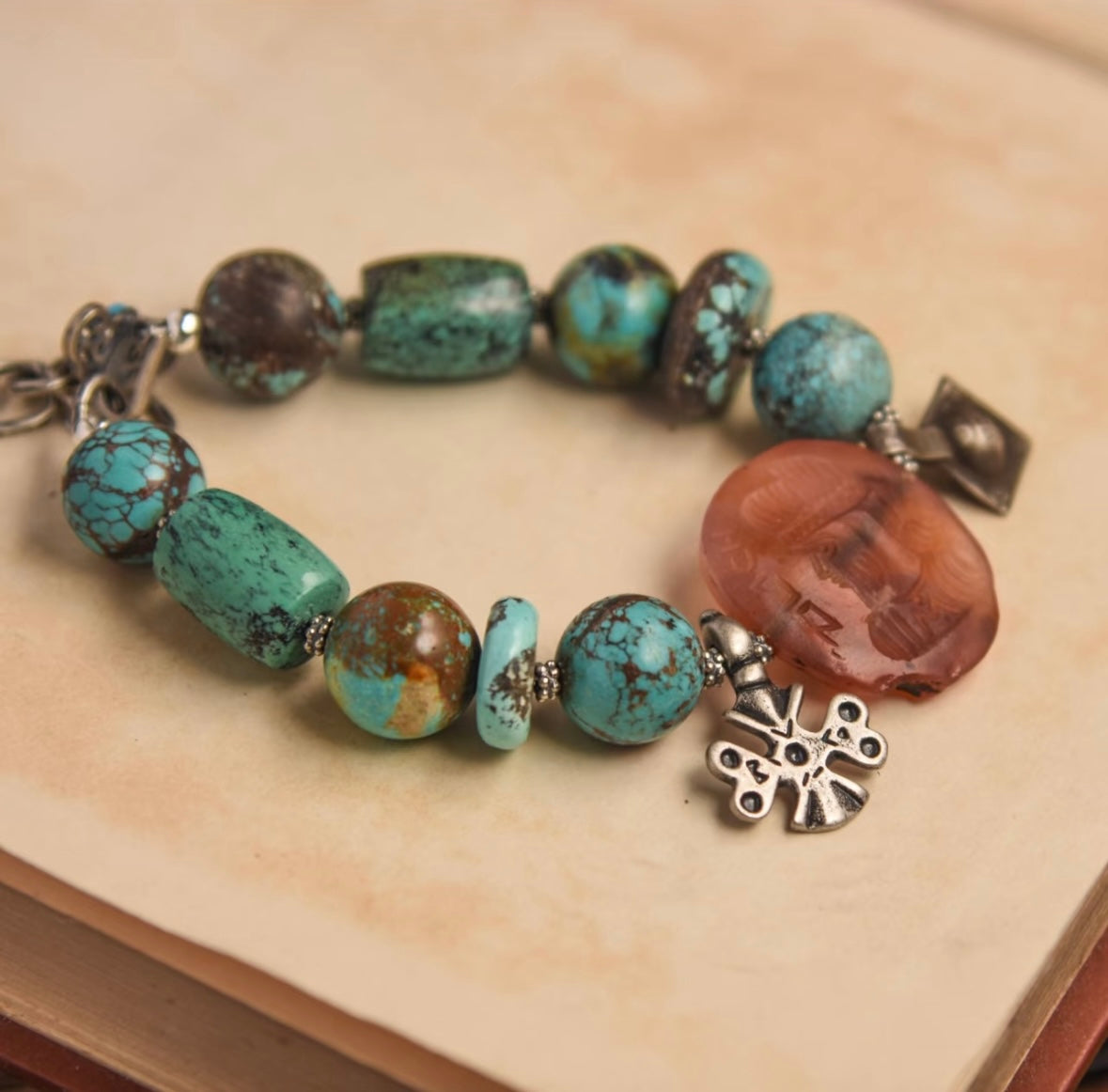 Handmade turquoise paired with Sassanid seal bracelet