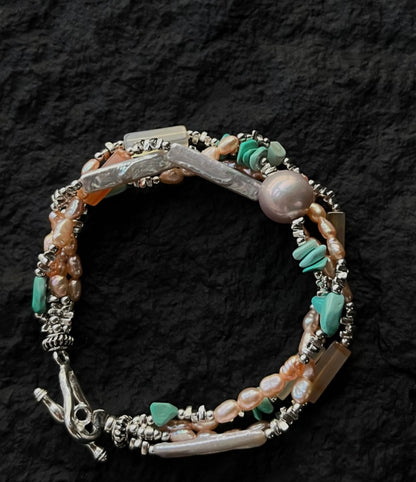 Handmade Turquoise and Baroque pearl 925 Sterling Silver Bracelet