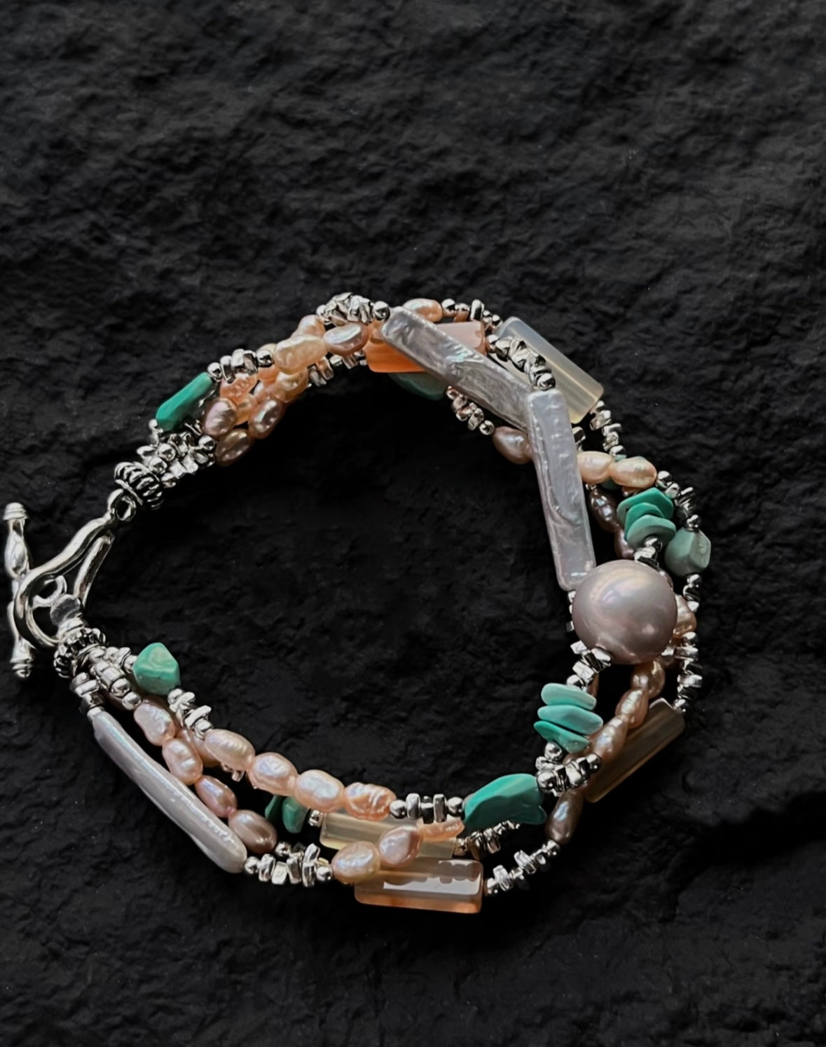 Handmade Turquoise and Baroque pearl 925 Sterling Silver Bracelet