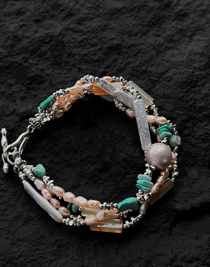 Handmade Turquoise and Baroque pearl 925 Sterling Silver Bracelet