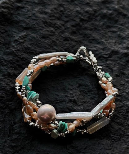 Handmade Turquoise and Baroque pearl 925 Sterling Silver Bracelet