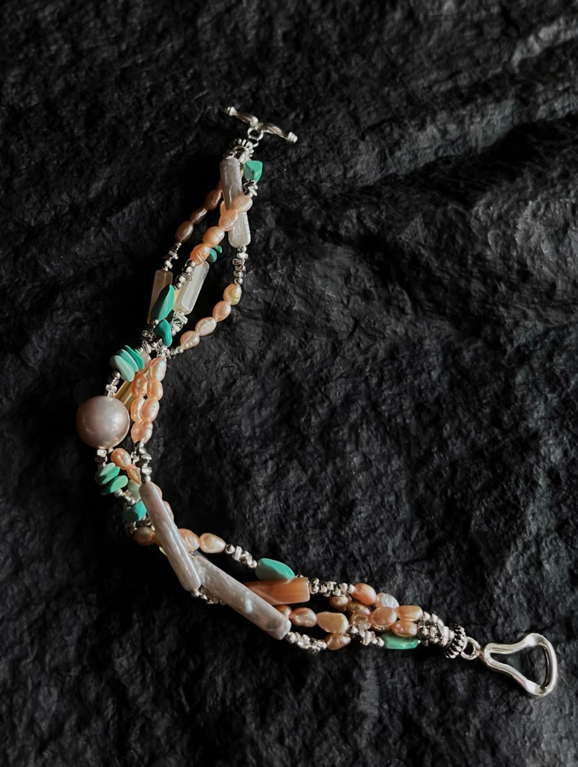 Handmade Turquoise and Baroque pearl 925 Sterling Silver Bracelet