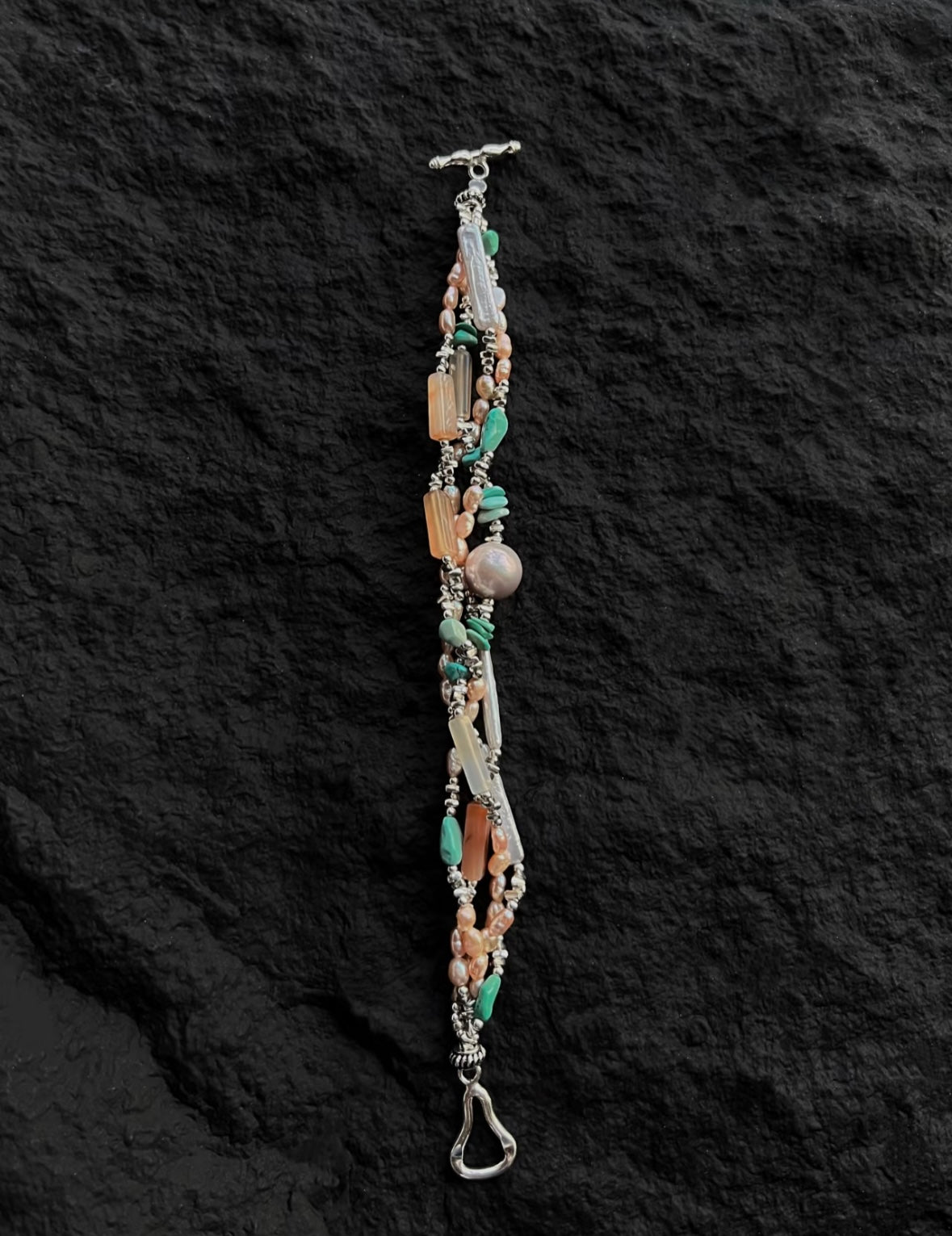 Handmade Turquoise and Baroque pearl 925 Sterling Silver Bracelet