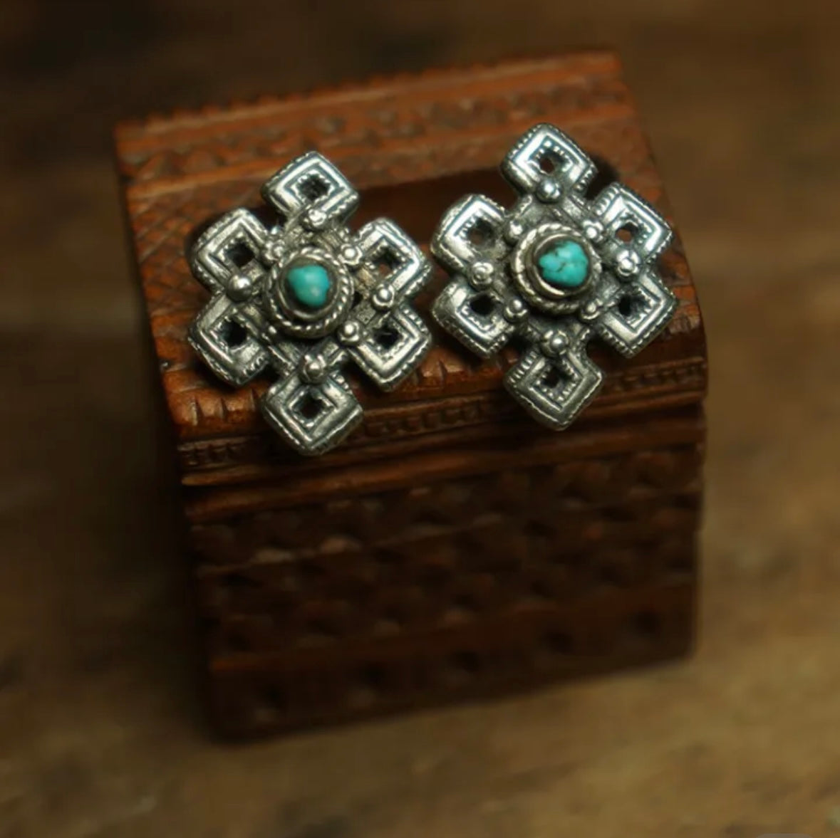 Tibetan Turquoise & Endless Knot Sterling Silver Earrings