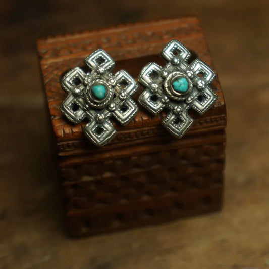 Tibetan Turquoise & Endless Knot Sterling Silver Earrings