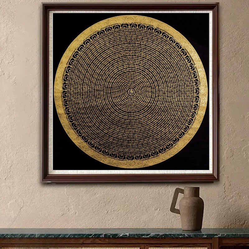 Tibetan Black Gold Six-Syllable Mantra Mandala Thangka (70x70cm)