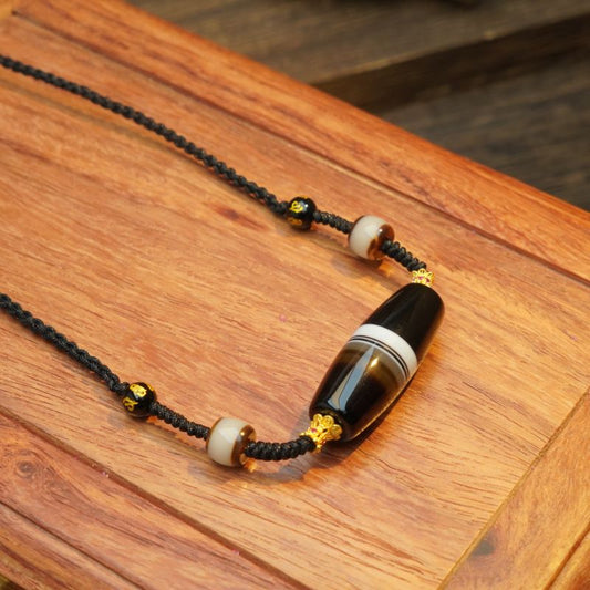 Tibetan Medicine Buddha Dzi Bead Black Cord Necklace