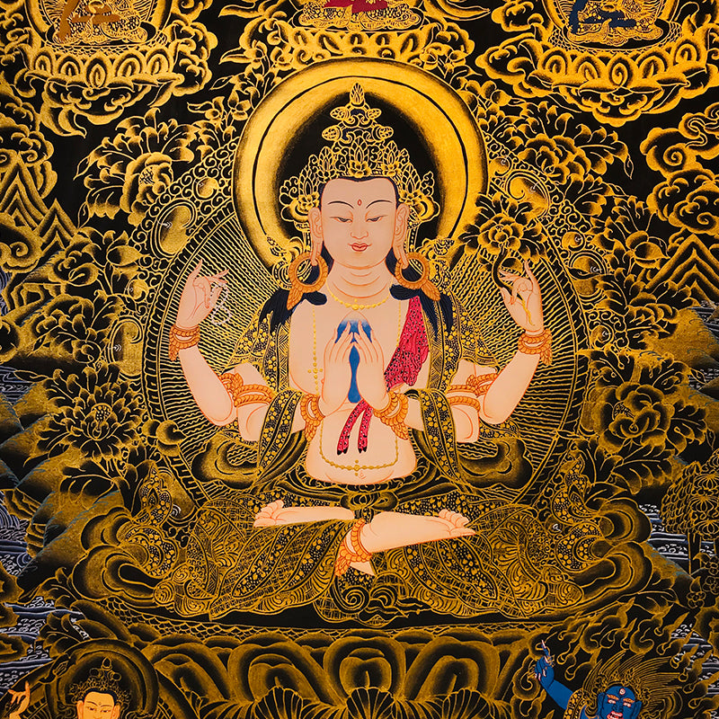 Hand-Painted Tibetan Thangka of Black Gold Four-Armed Avalokiteshvara