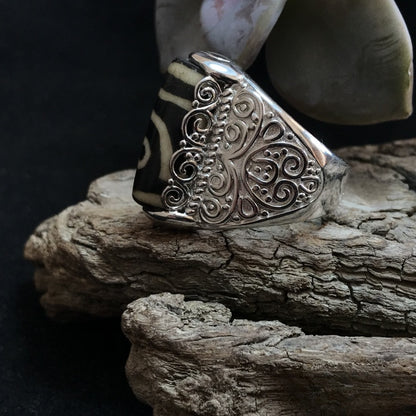 Tibetan Double-Eyed Dzi 925 Sterling Silver Ring (adjustable)