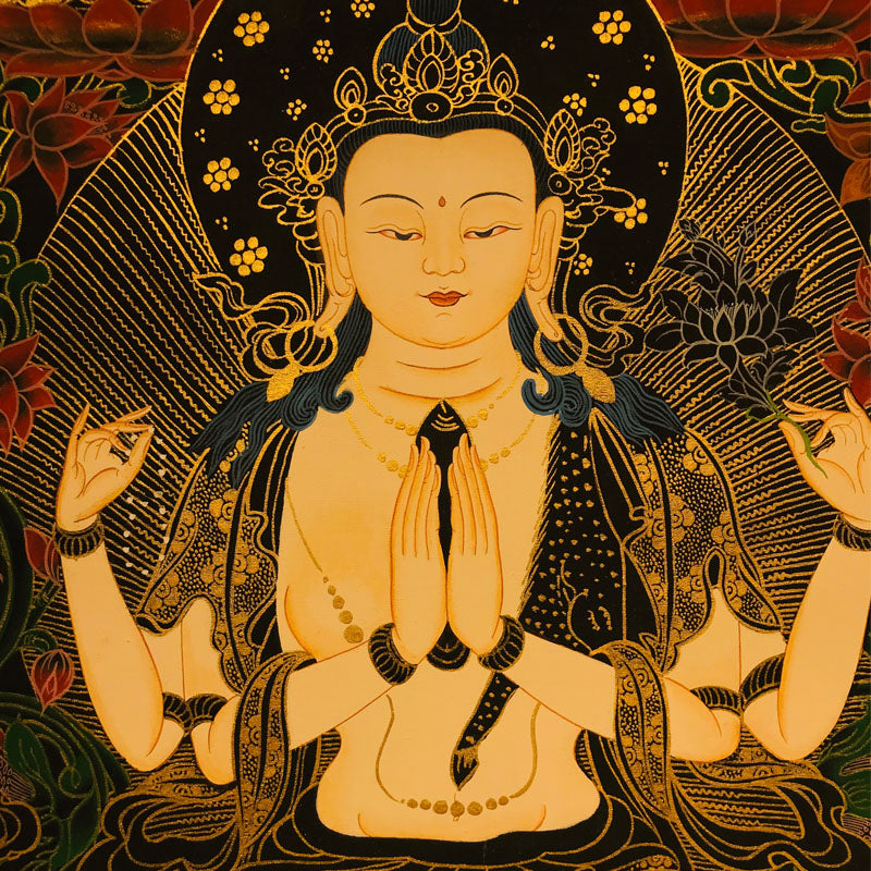 Hand-Painted Tibetan Thangka of Black Gold Four-Armed Avalokiteshvara