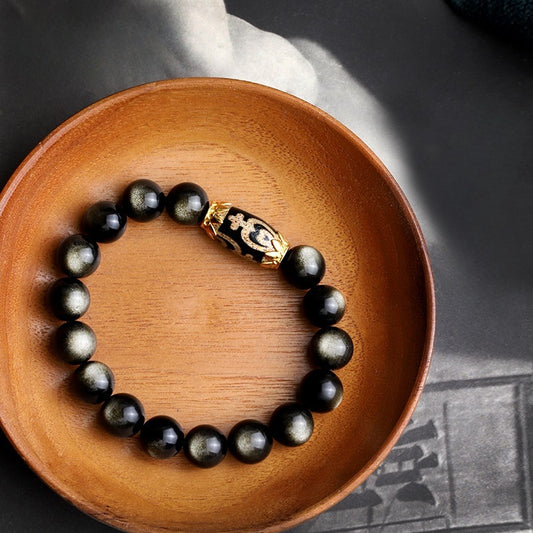 Black Obsidian & Treasure Vessel Dzi Bead Bracelet