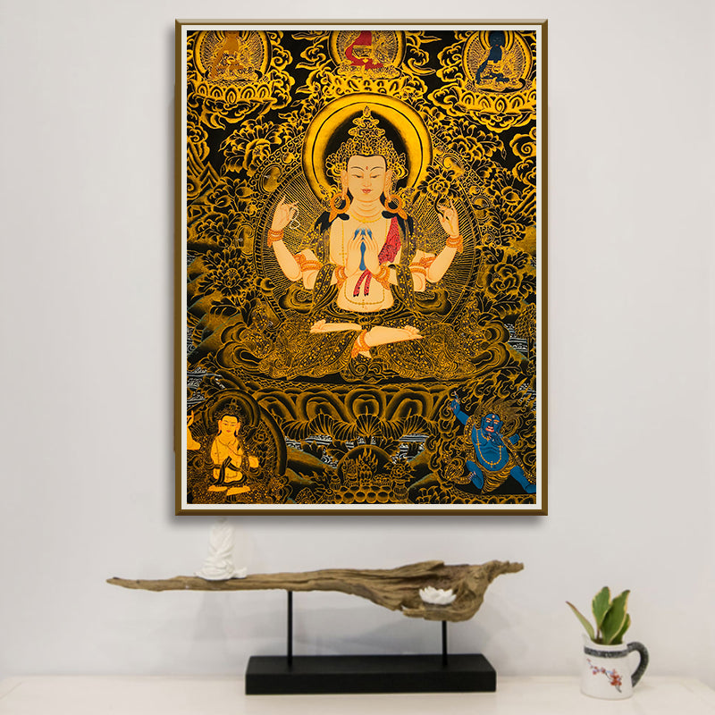 Hand-Painted Tibetan Thangka of Black Gold Four-Armed Avalokiteshvara