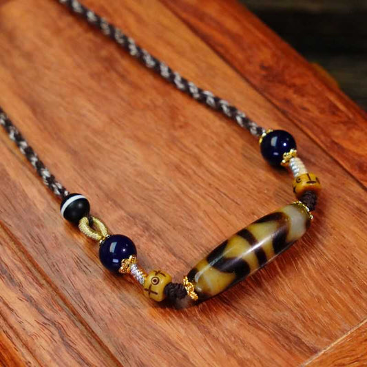 Tibetan Tiger Tooth Dzi Blessing-Collecting Braided Cord Necklace