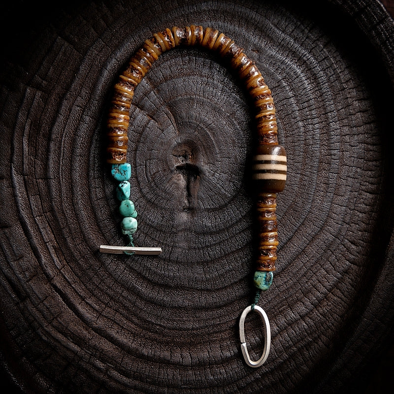 Tibetan Wisdom Bracelet - Handcrafted Aged Yak Bone with Turquoise & Agate Wisdom Bracelet