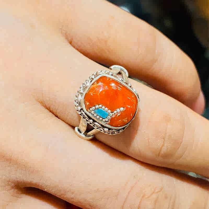 Tibetan Handmade Turquoise, Coral, Beeswax, Dzi ring (adjustable)