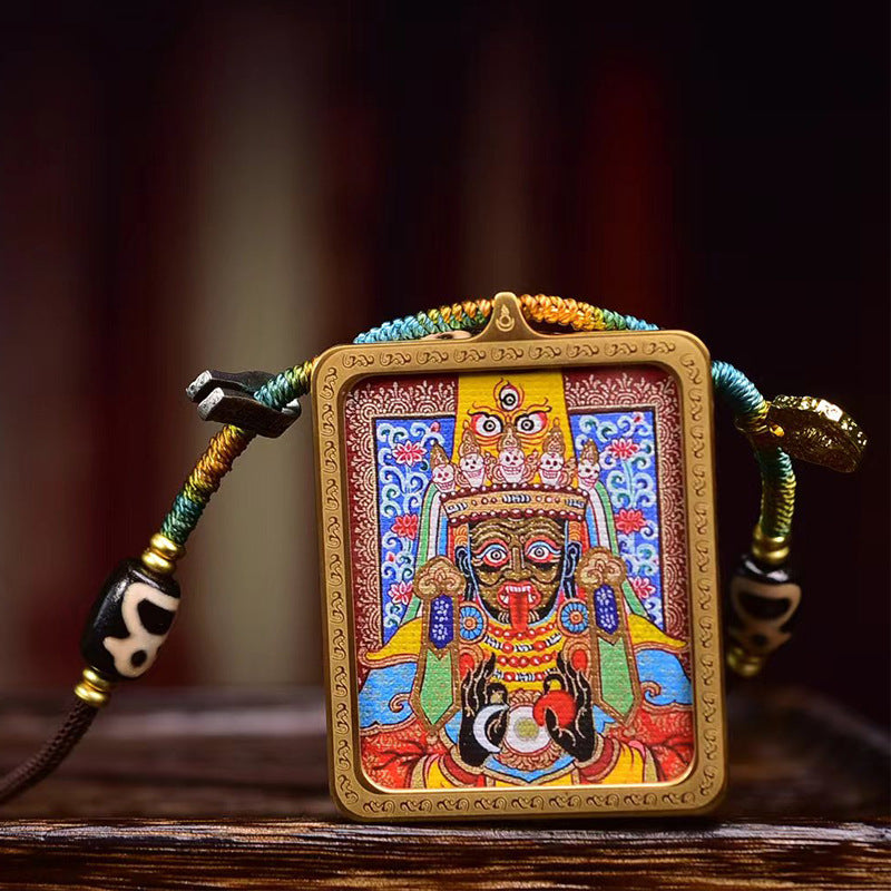 Sacred Synthesis: Tibetan Thangka Talisman with Nine-Eye Dzi Bead & Hand-Spun Cord Necklace