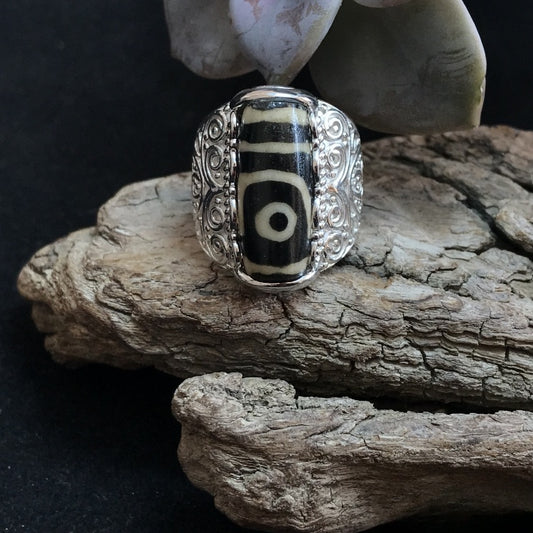 Tibetan Double-Eyed Dzi 925 Sterling Silver Ring (adjustable)