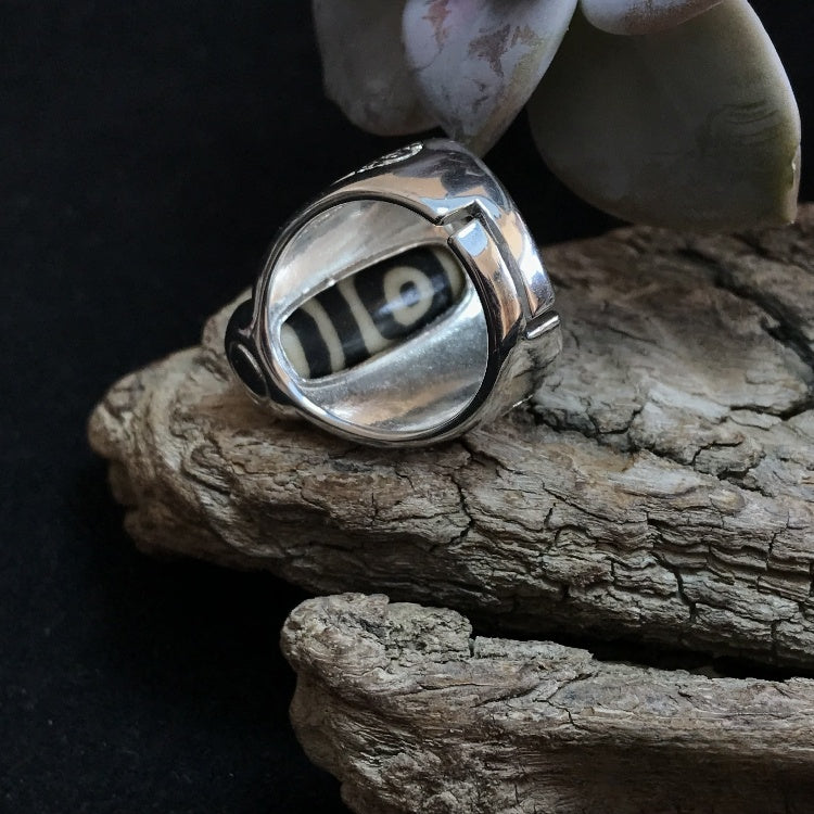 Tibetan Double-Eyed Dzi 925 Sterling Silver Ring (adjustable)