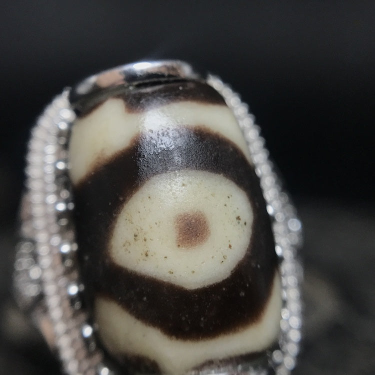 Tibetan Three-Eyed Dzi Bead Silver Ring