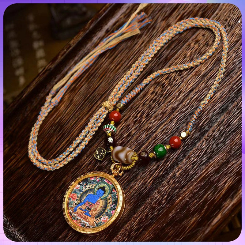 Tibetan Medicine Buddha Thangka Necklace: Hand-Painted Gold-Plated Masterpiece