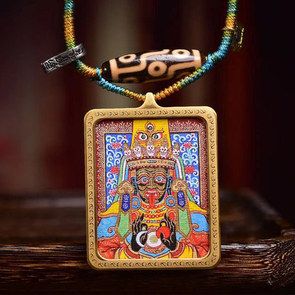 Sacred Synthesis: Tibetan Thangka Talisman with Nine-Eye Dzi Bead & Hand-Spun Cord Necklace