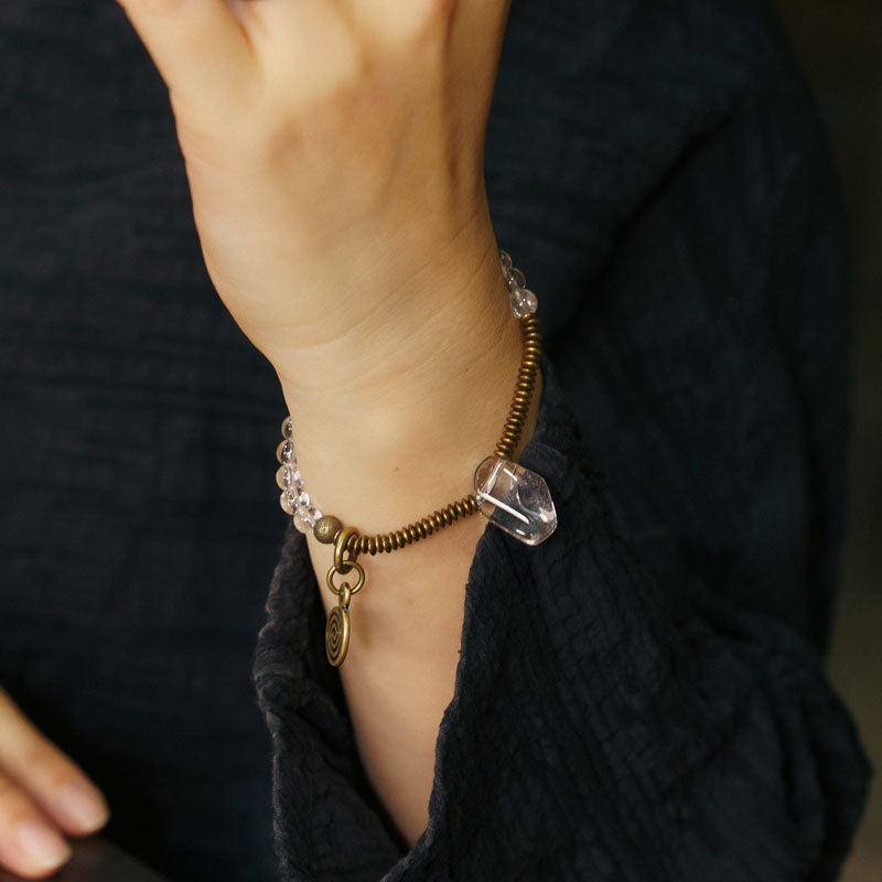 Tibetan Clear Crystal Quartz with Brass Bracelet– Elegance in Harmony Ⅱ
