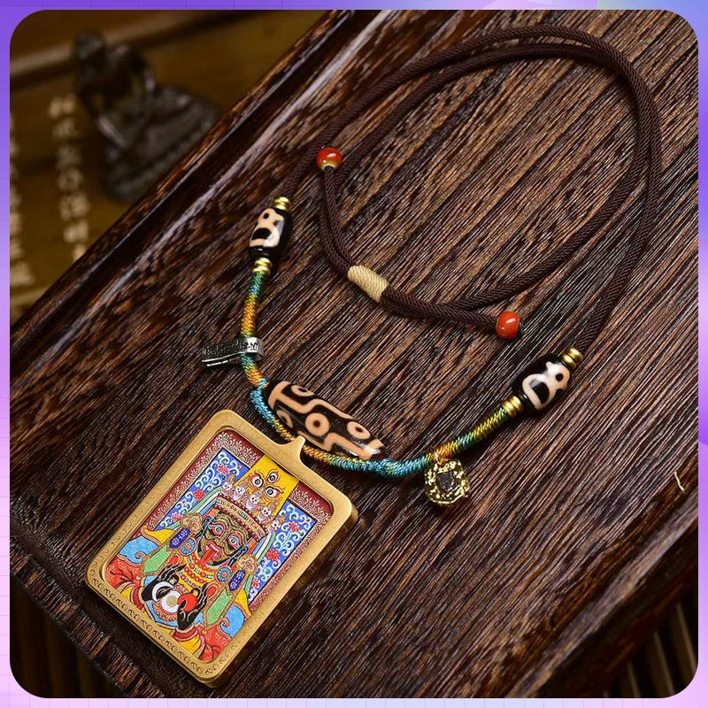 Sacred Synthesis: Tibetan Thangka Talisman with Nine-Eye Dzi Bead & Hand-Spun Cord Necklace