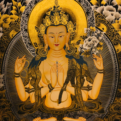 Hand-Painted Tibetan Thangka of Black Gold Four-Armed Avalokiteshvara