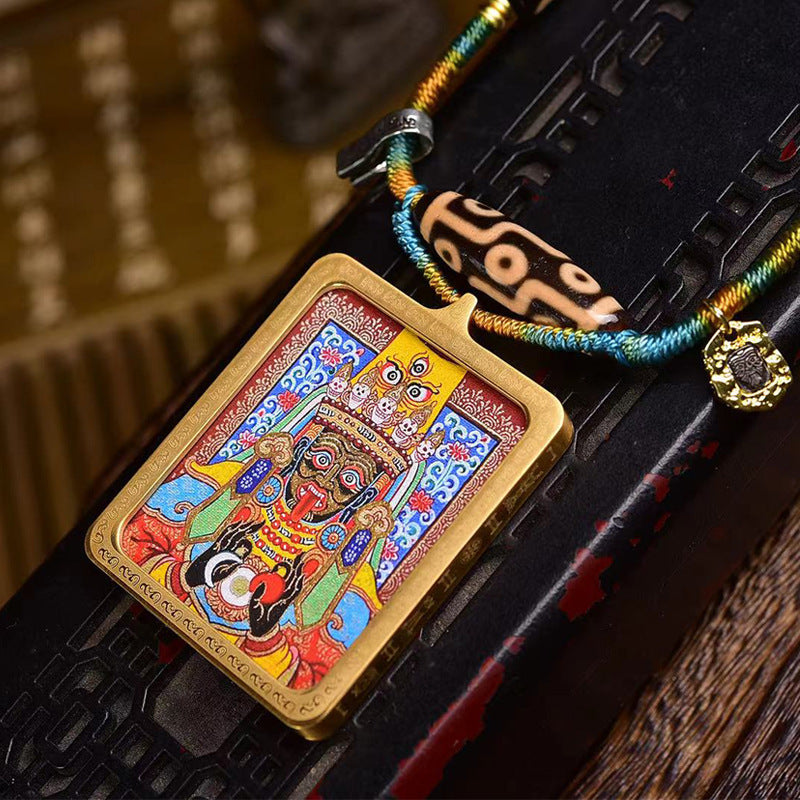 Sacred Synthesis: Tibetan Thangka Talisman with Nine-Eye Dzi Bead & Hand-Spun Cord Necklace