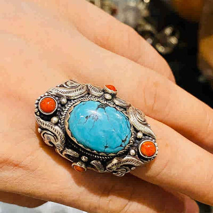 Tibetan Handmade Turquoise, Coral, Beeswax, Dzi ring (adjustable)