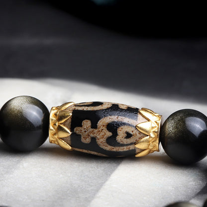 Black Obsidian & Treasure Vessel Dzi Bead Bracelet