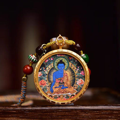 Tibetan Medicine Buddha Thangka Necklace: Hand-Painted Gold-Plated Masterpiece